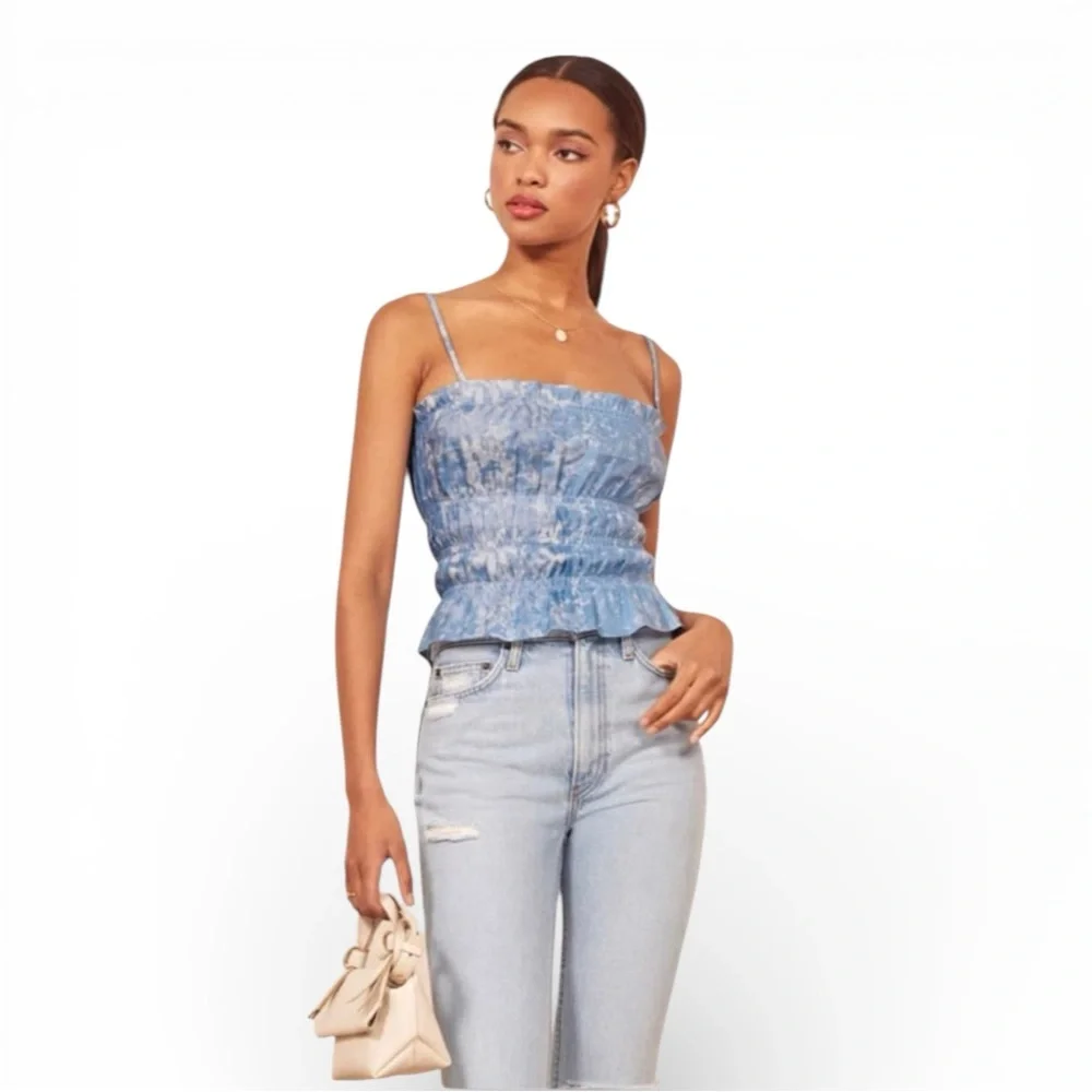 REFORMATION Gia Ruffle Peplum Convertible Strap Linen Top | XS | Retail $149 - Picture 2 of 8